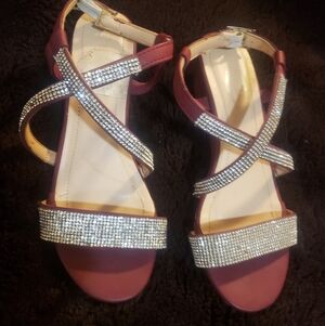 Super Cute Burgandy Sandals w/Rhinestone Straps 2" Wedge Heel By Atalina Size 5